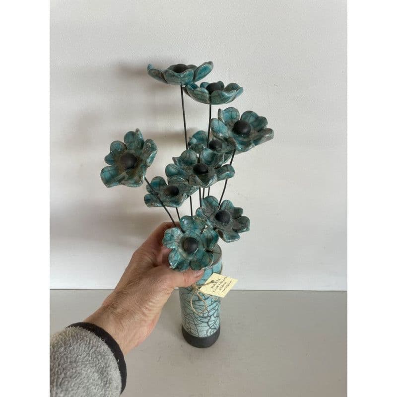 Vase Contemporain et Ses Fleurs Bleues Céramique Raku — 8