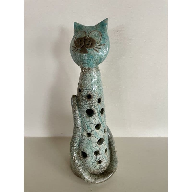 Large Cat Photophore "Mistigris" in Raku Ceramic — 1