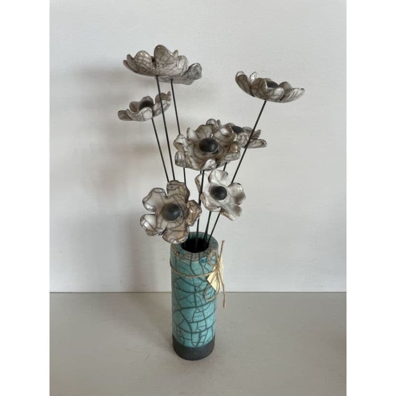Vase Contemporain Fleurs Blanches Céramique Raku — 1