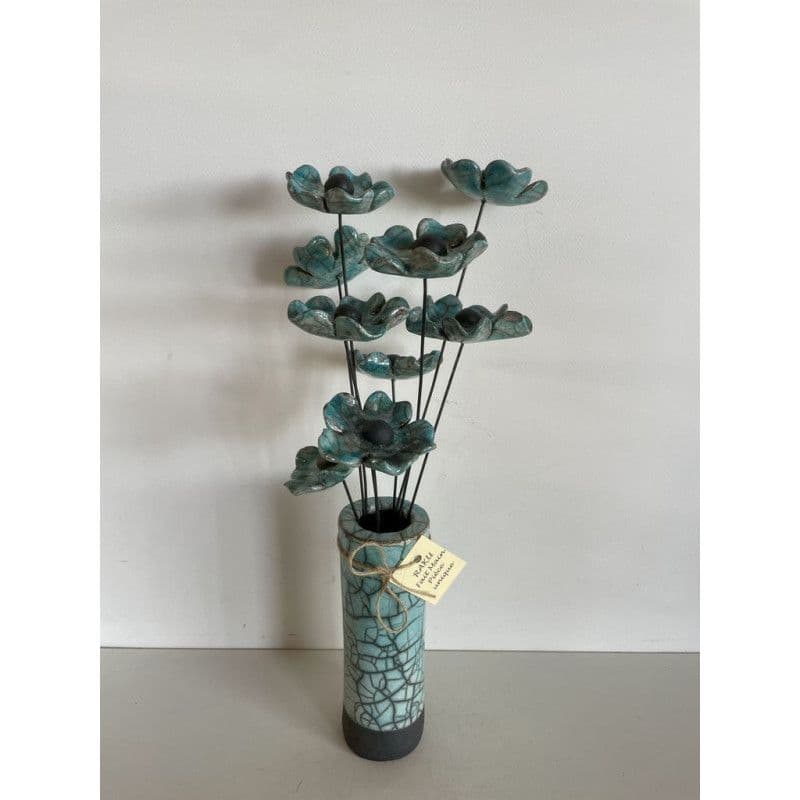 Vase Contemporain et Ses Fleurs Bleues Céramique Raku — 1
