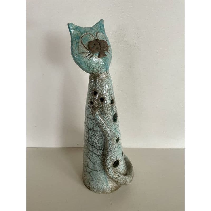 Large Cat Photophore "Mistigris" in Raku Ceramic — 2