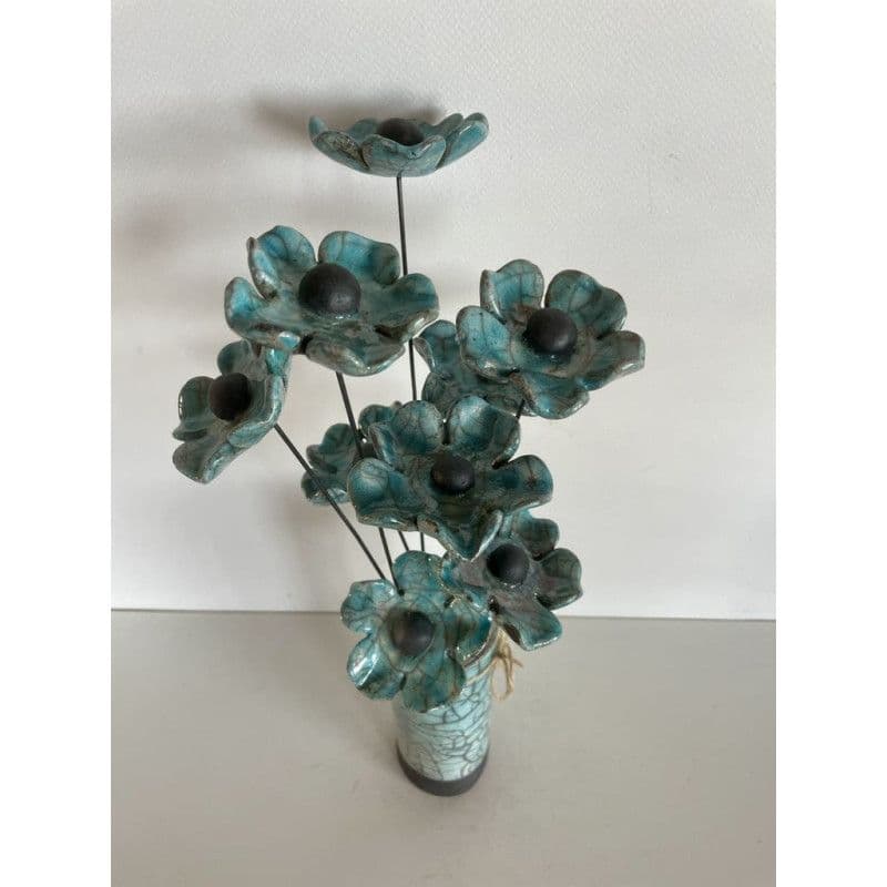 Vase Contemporain et Ses Fleurs Bleues Céramique Raku — 6