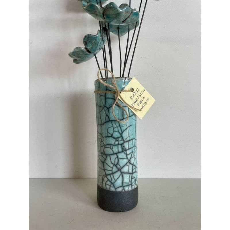 Vase Contemporain et Ses Fleurs Bleues Céramique Raku — 3